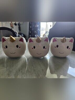 White Ceramic Unicorn Planter with Gold Horn 3 In Tall  3.5 In Wide. Set of 3